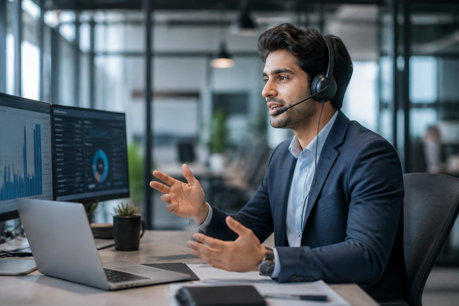 Sales professional on a phone call in a modern office